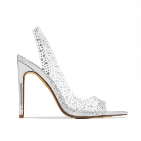 !! NEW !! Transparent Slingback Peep Toe Embellished Heels in Nude - Picture 6 of 6
